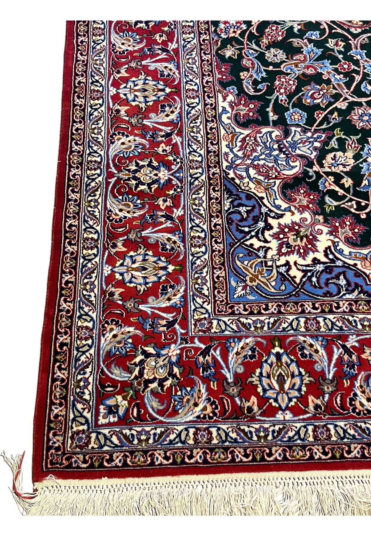 5x8 Persian Isfahan rug border and spandrel corner in red, ivory and cobalt blue