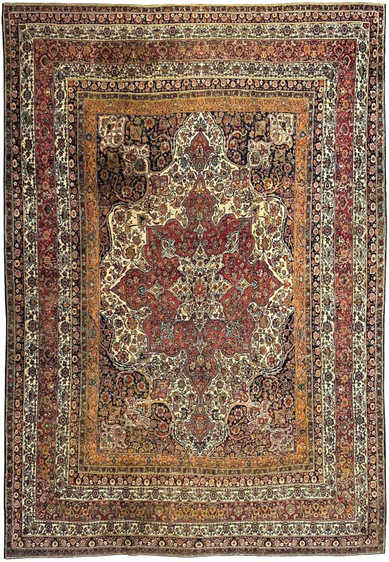 13x18 antique Persian Kermanshah rug, brick red medallion on navy with 9 border bands