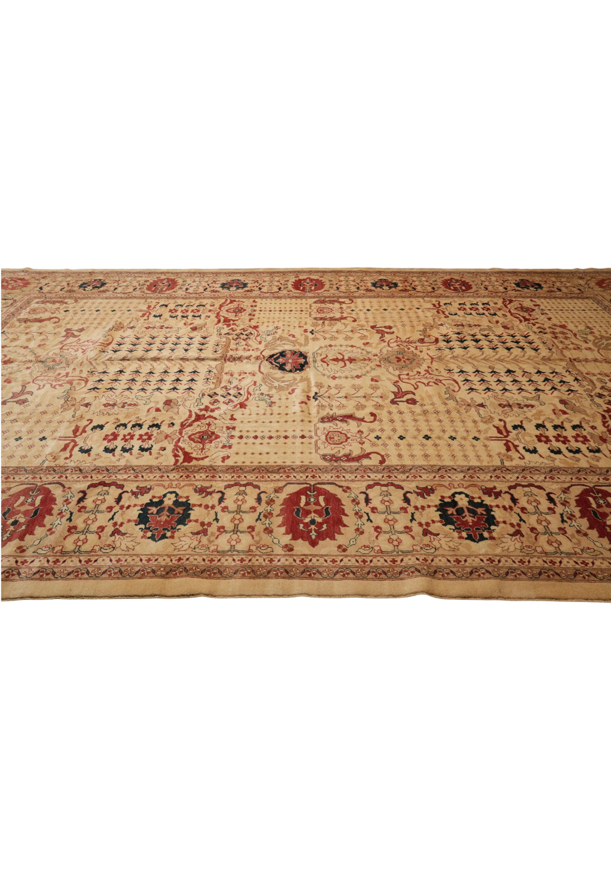 Centered axis design on cream Peshawar rug field with all-over organized tribal pattern
