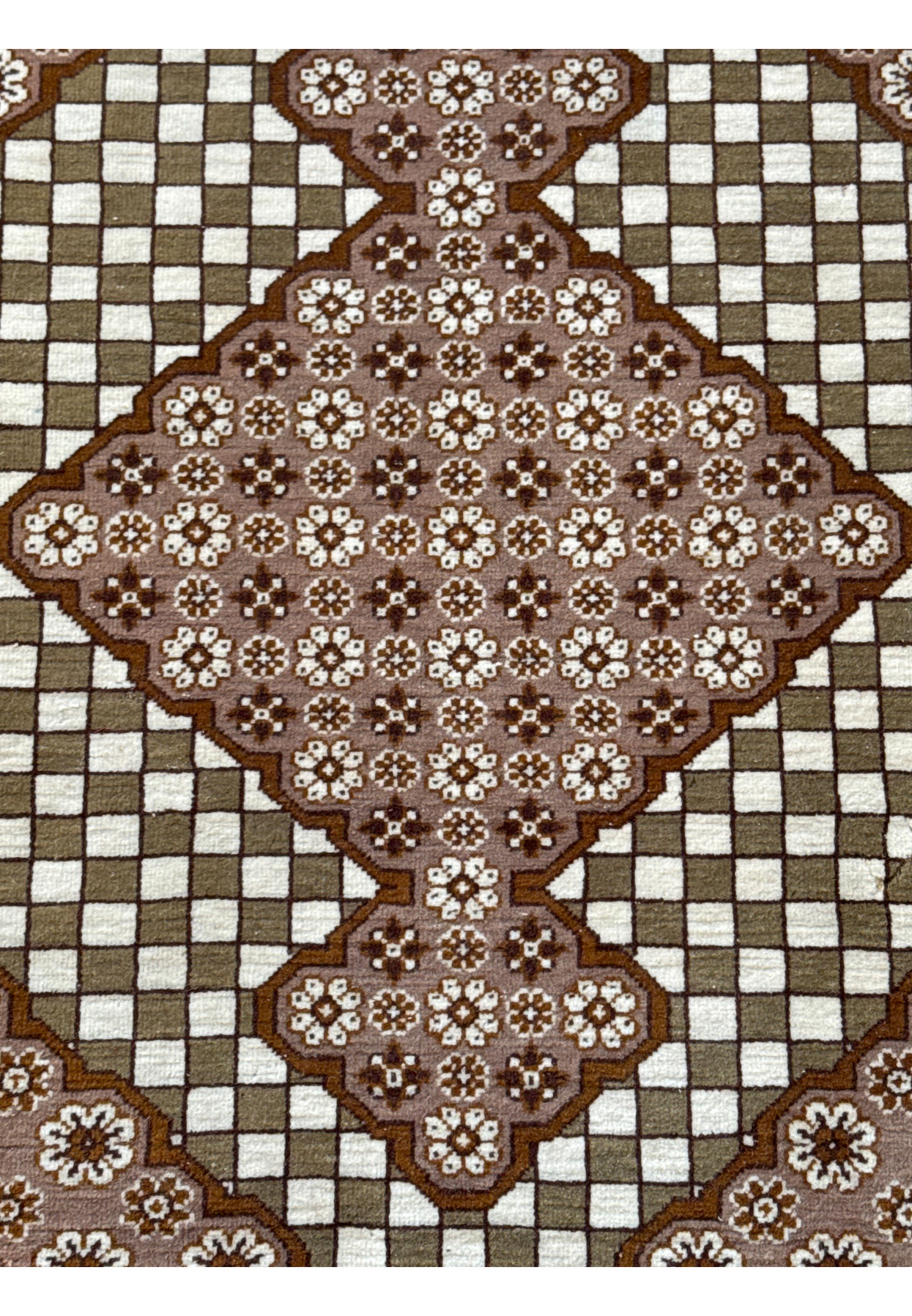 Soft kork wool pile and checkerboard detail on collectible small Persian Qum weaving