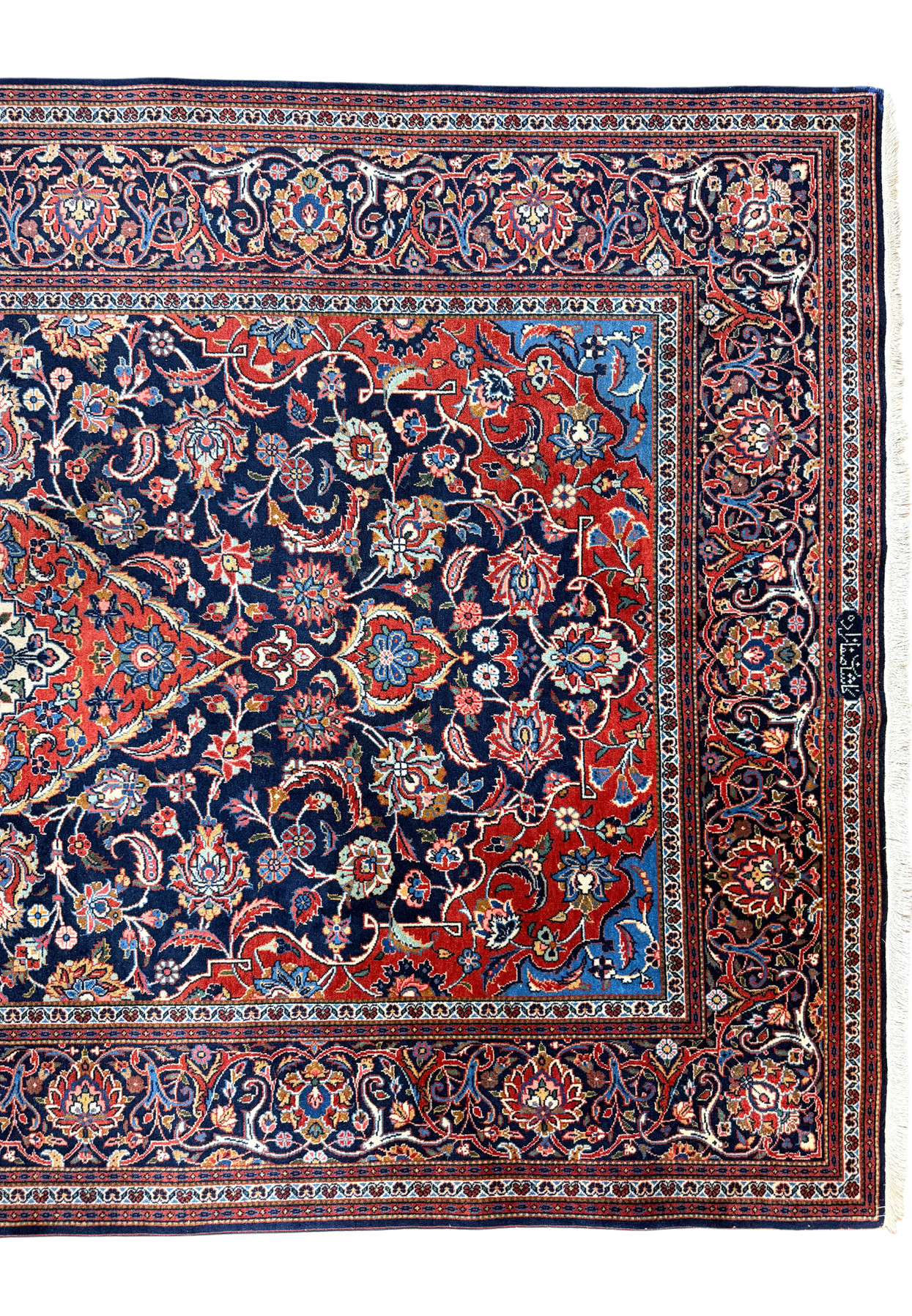 Upper field of 5x7 size antique Kashan with Shah Abbas palmettes and paisley boteh