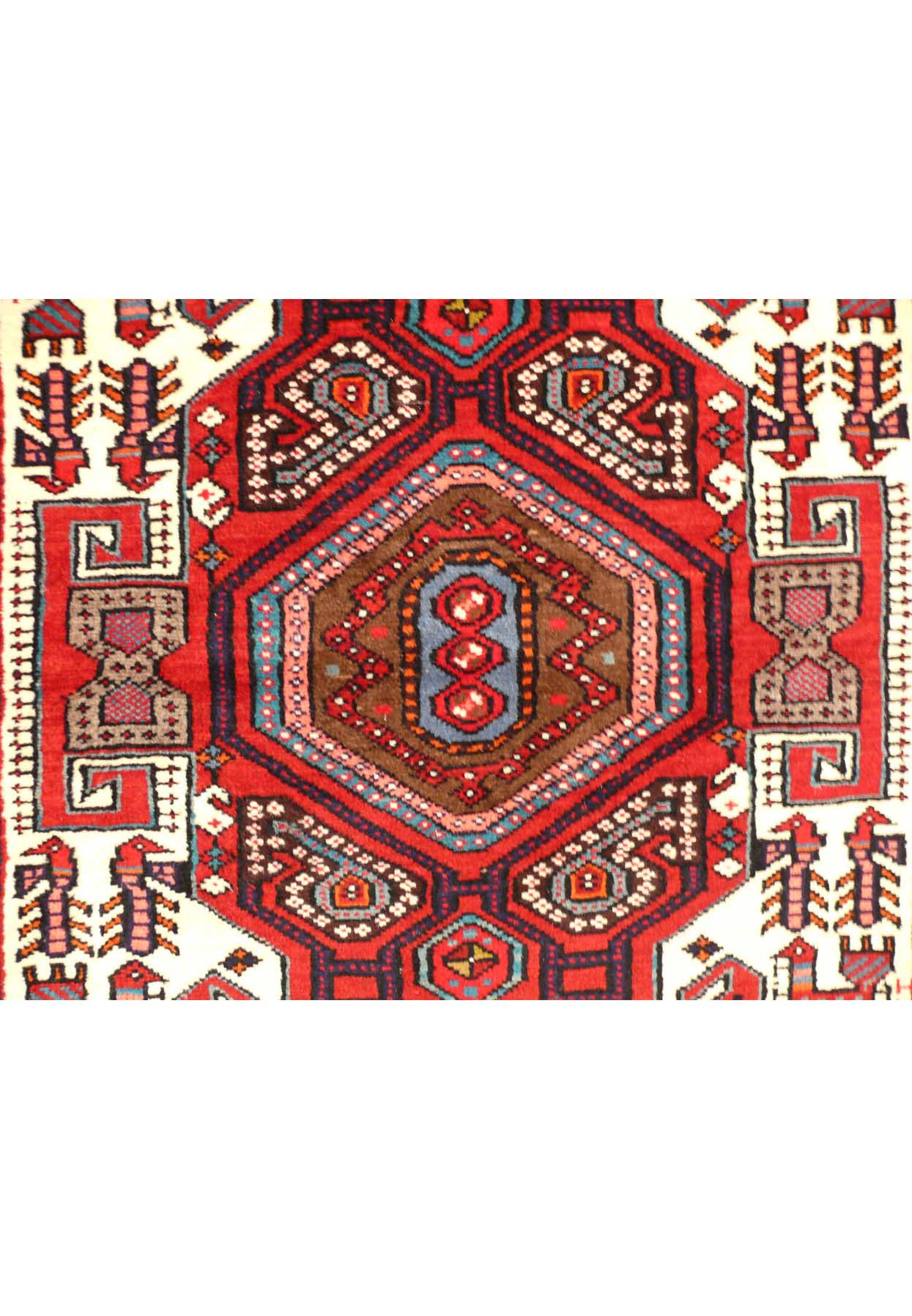 Close-up of the intricate tribal motifs on the Persian Shahsawan rug