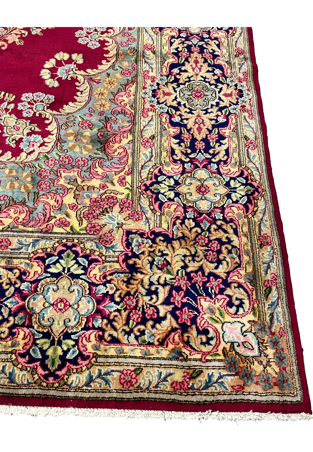 10x14 Persian Kerman rug navy main border ivory gold pink scrolling floral vine