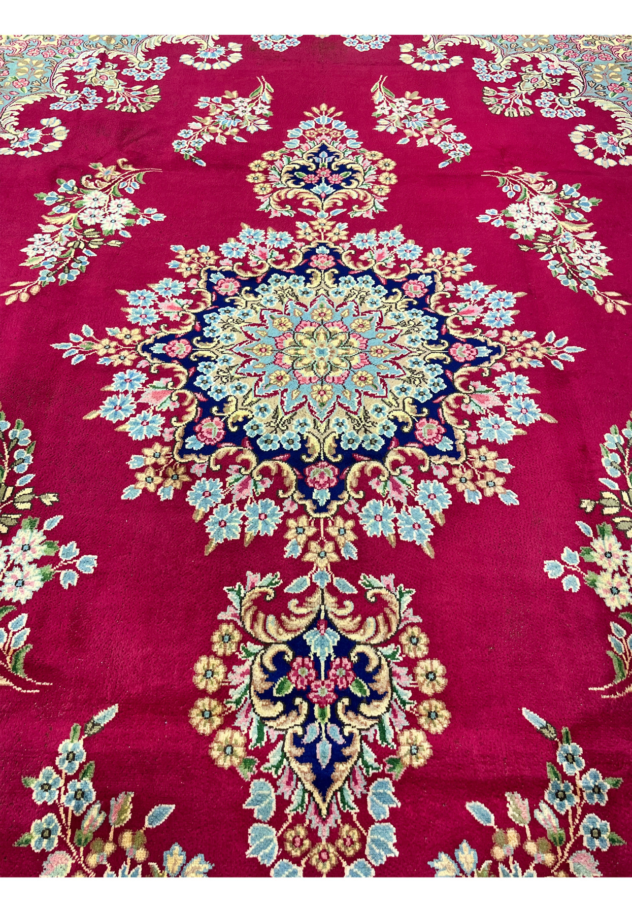 10x14 Persian Kerman rug open field floral bouquets crimson red powder blue midfield