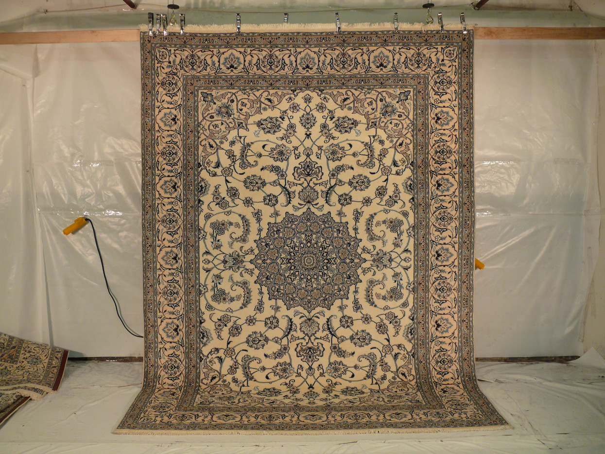8x11 Persian Nain rug hung full length, ivory ground with medallion and arabesque field