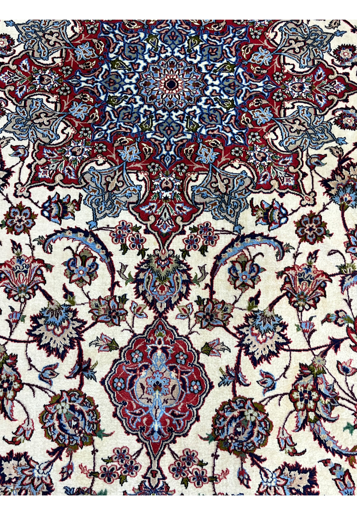 Pattern detail 8x12 premium Persian Isfahan wool silk rug ivory field crimson red star medallion blue floral arabesques