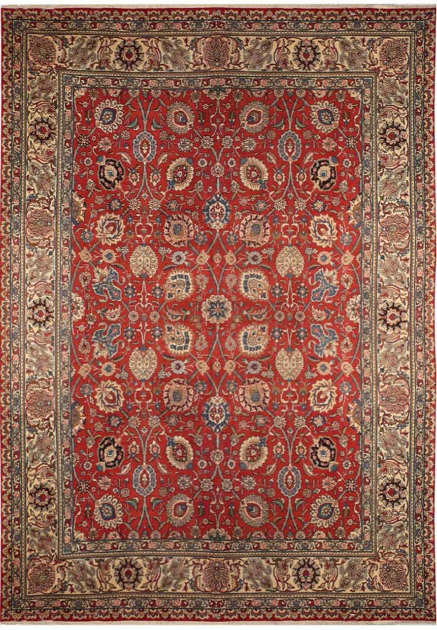 10 x 13'5 Persian Tabriz Rug | Vintage Allover Floral | Rusty Red and Navy