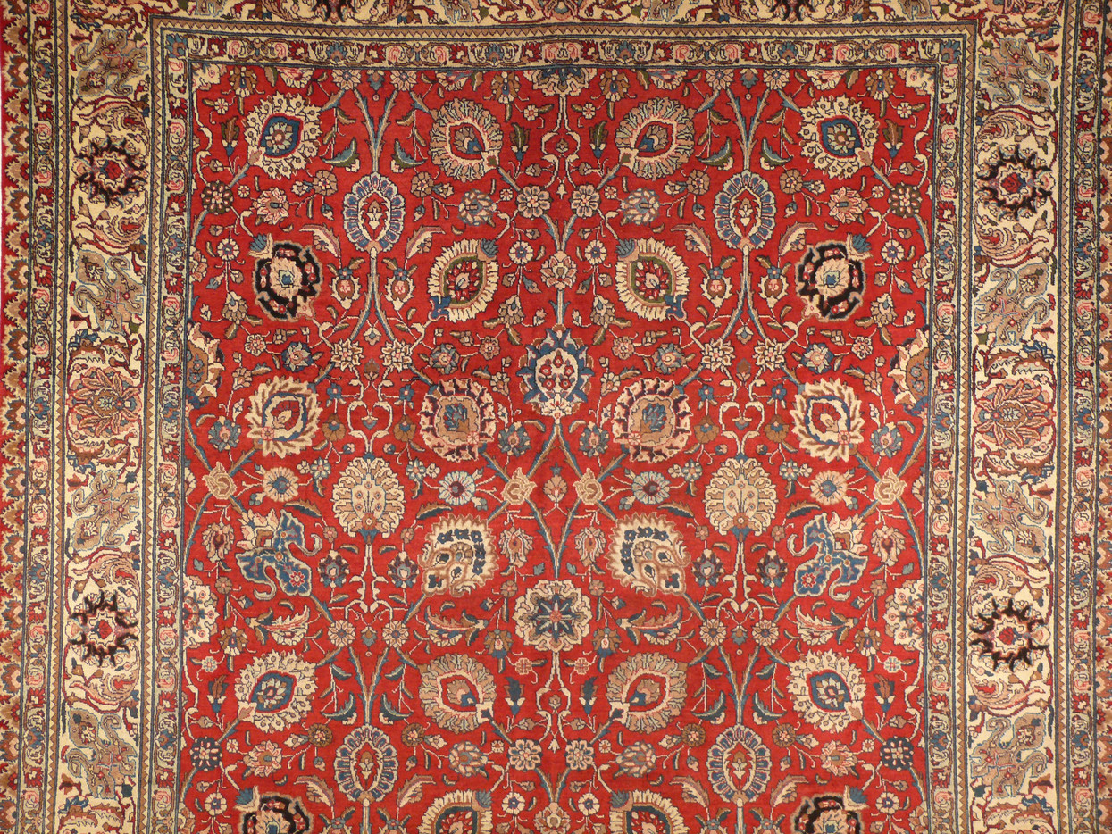 Midfield closeup of Shah Abbas palmettes and scrolling vines in beige and French blue