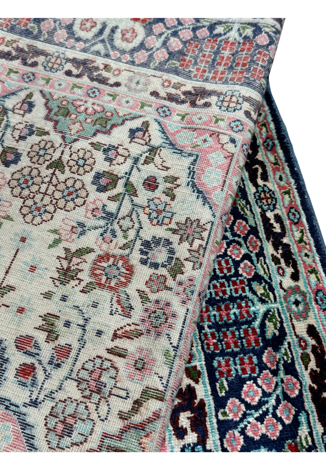 Back view of a 3 x 5 Persian Qum Silk Rug, showcasing the craftsmanship and knotting technique.