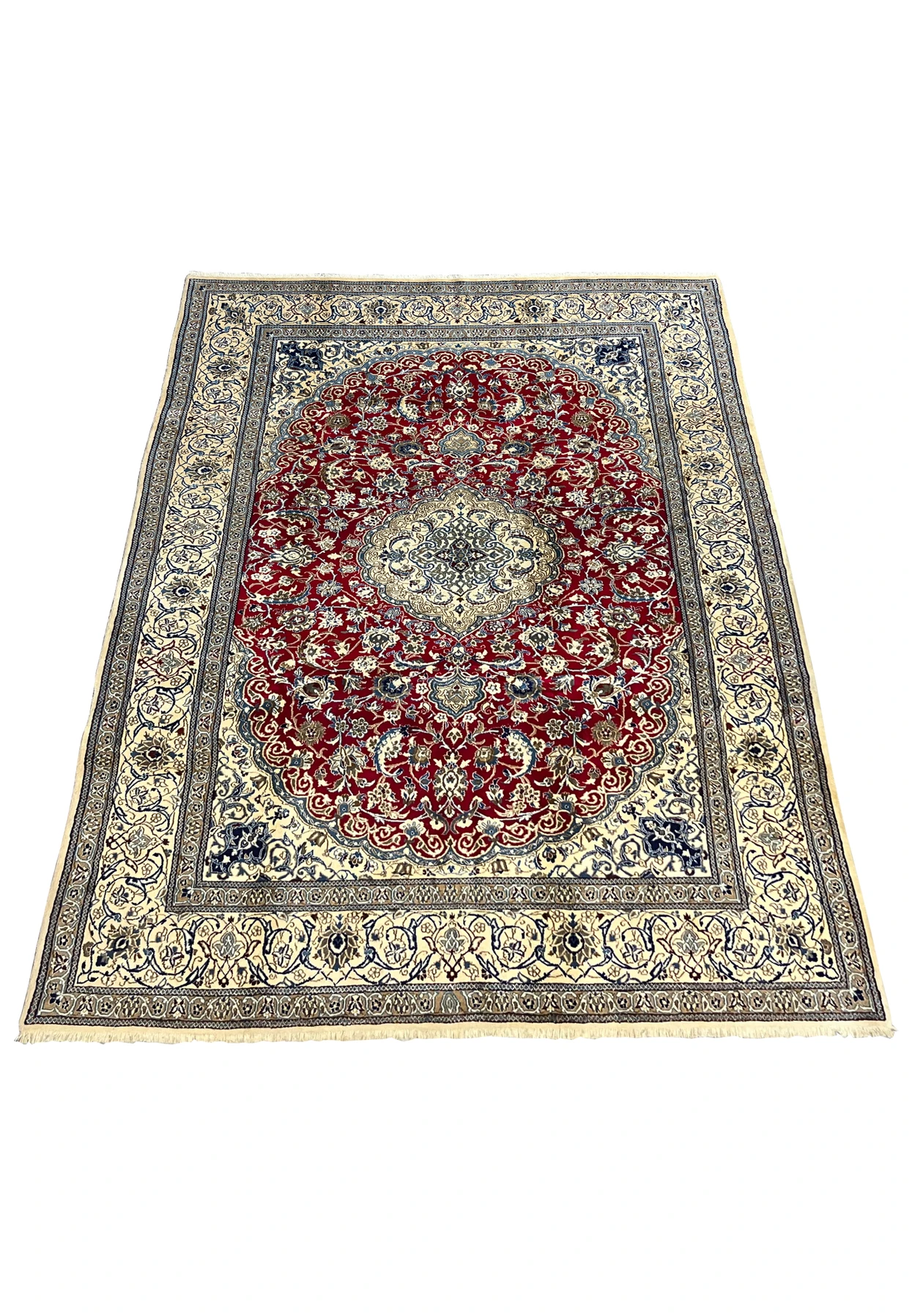 Top view of red Persian Nain 9LA rug with ivory central medallion, navy floral details, and balanced symmetrical layout