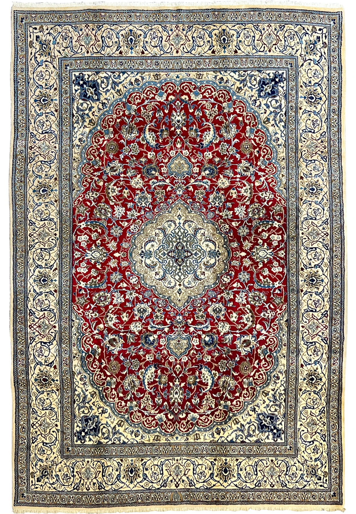 Full view of red Persian Nain 9LA rug showing detailed medallion design, ivory borders, and fine wool and silk weave