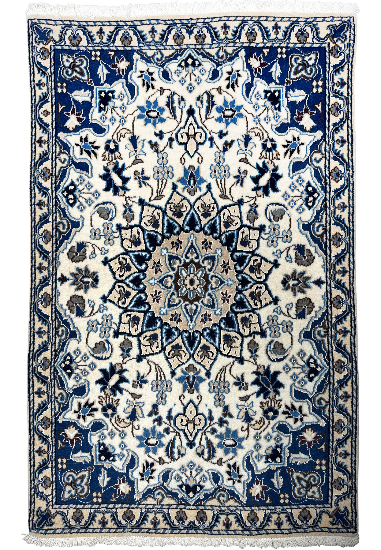 Full view of 2'11" x 4'6" Persian Nain wool and silk rug with floral medallion.