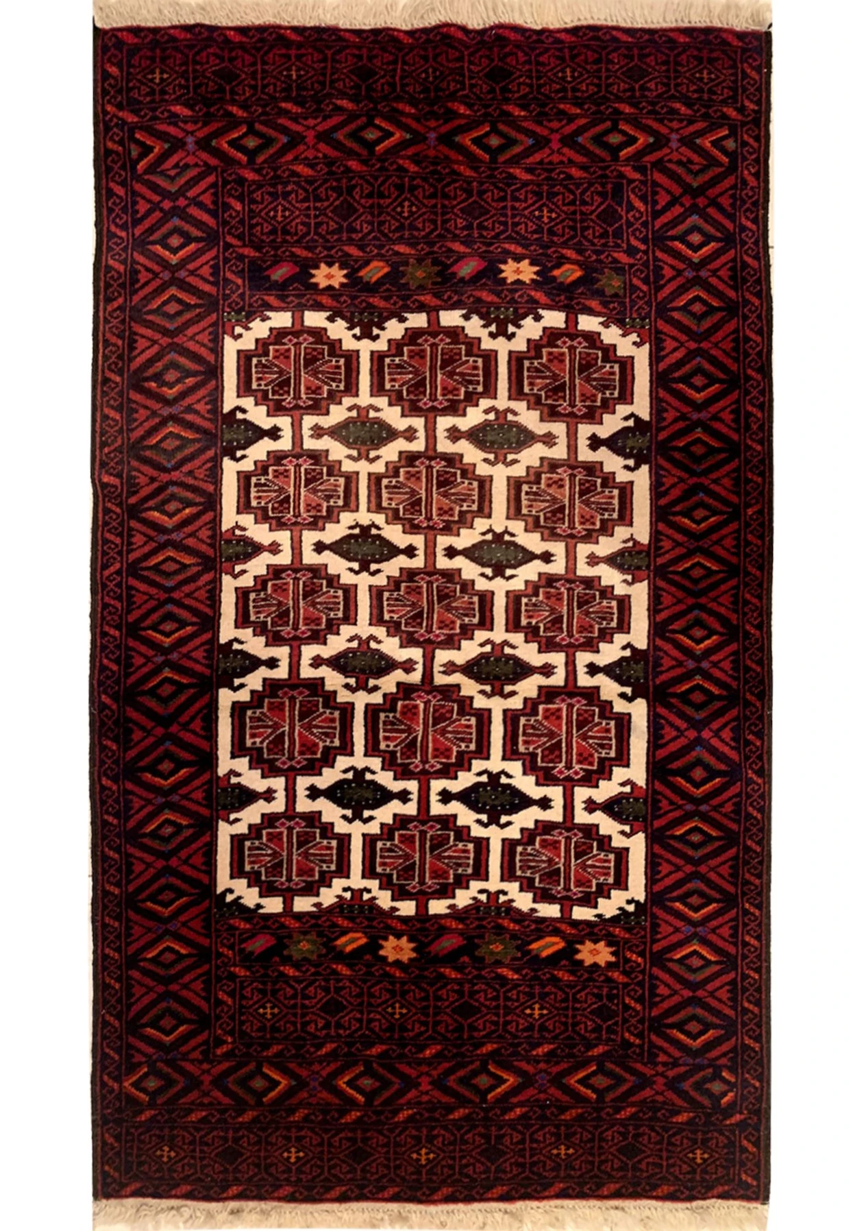Full view of the 3 x 5 Persian Baluch Prayer rug showcasing its detailed pattern