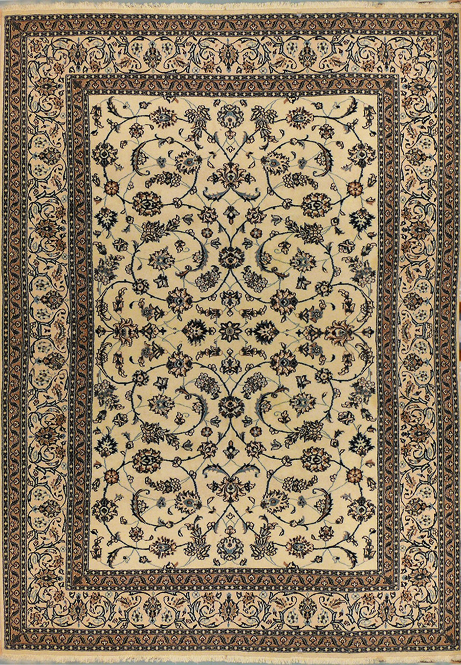 Full view of 8×11 Persian Nain rug with beige background and blue motif accents