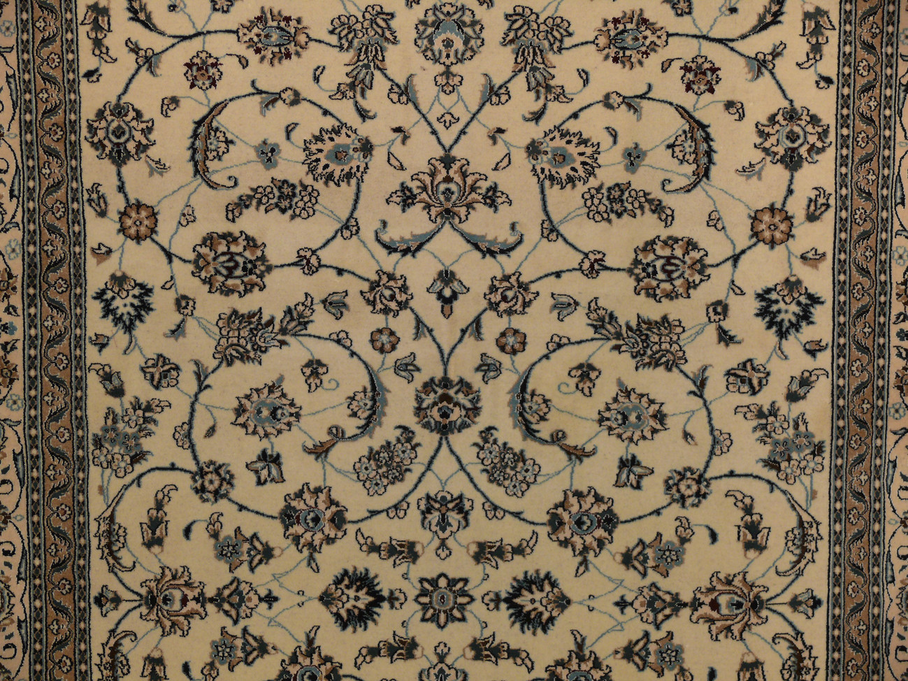 Motif close-up of arabesque and floral pattern in sky blue, brown, turquoise, beige