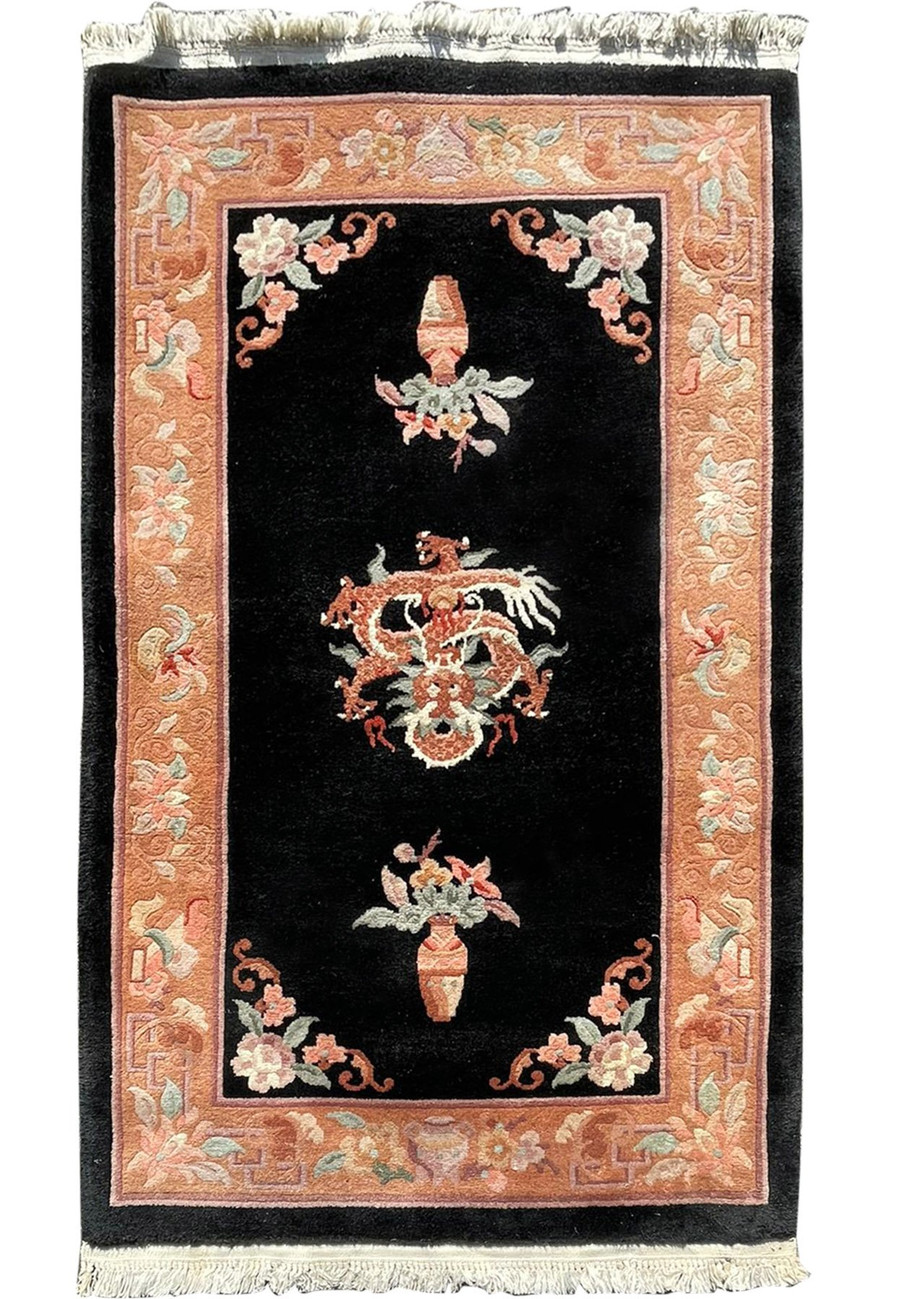 3 x 5'5 Antique Oriental Art Deco Rug showing the characteristic open field composition with isolated botanical motifs on a light ground and clean geometric border typical of authentic Chinese Art Deco production