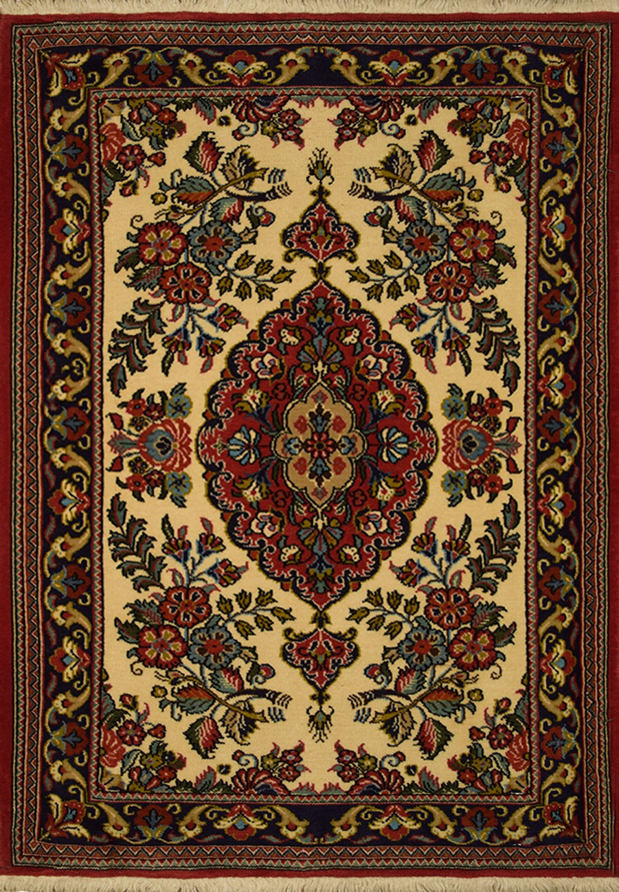 Overall view of the 2'5" x 3'5" Persian Qum Kork Rug, showcasing its fine craftsmanship and detailed patterns