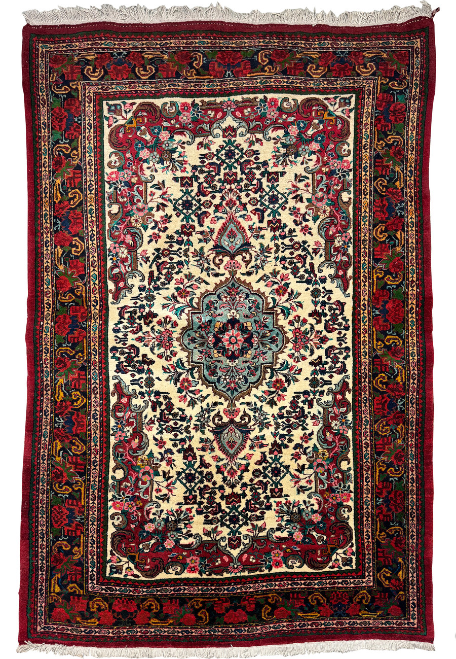 Semi antique Persian Bijar around 60 years old with crimson indigo floral drawing