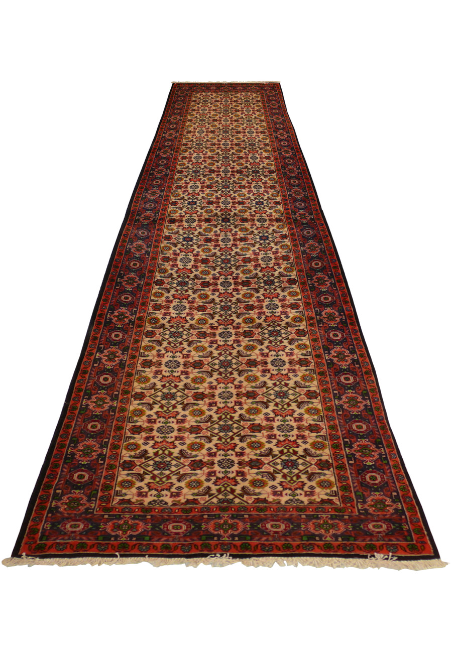 Laid down view of the 3x9 Bijar All Over Runner Rug in a natural light setting.