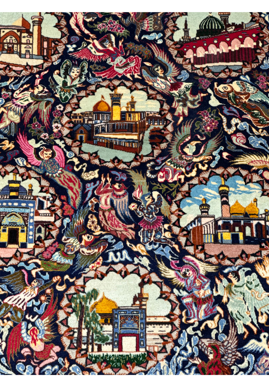 Persian Tabriz rug displaying a variety of religious structures, woven with kork wool and silk