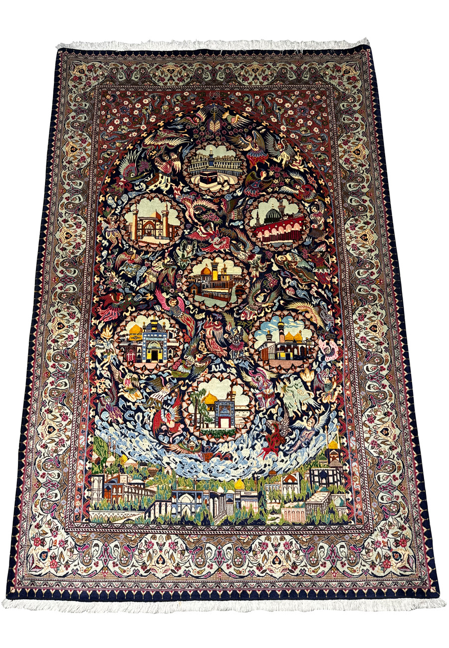 Angled view of a Persian Tabriz rug, emphasizing the depth of color and narrative design
