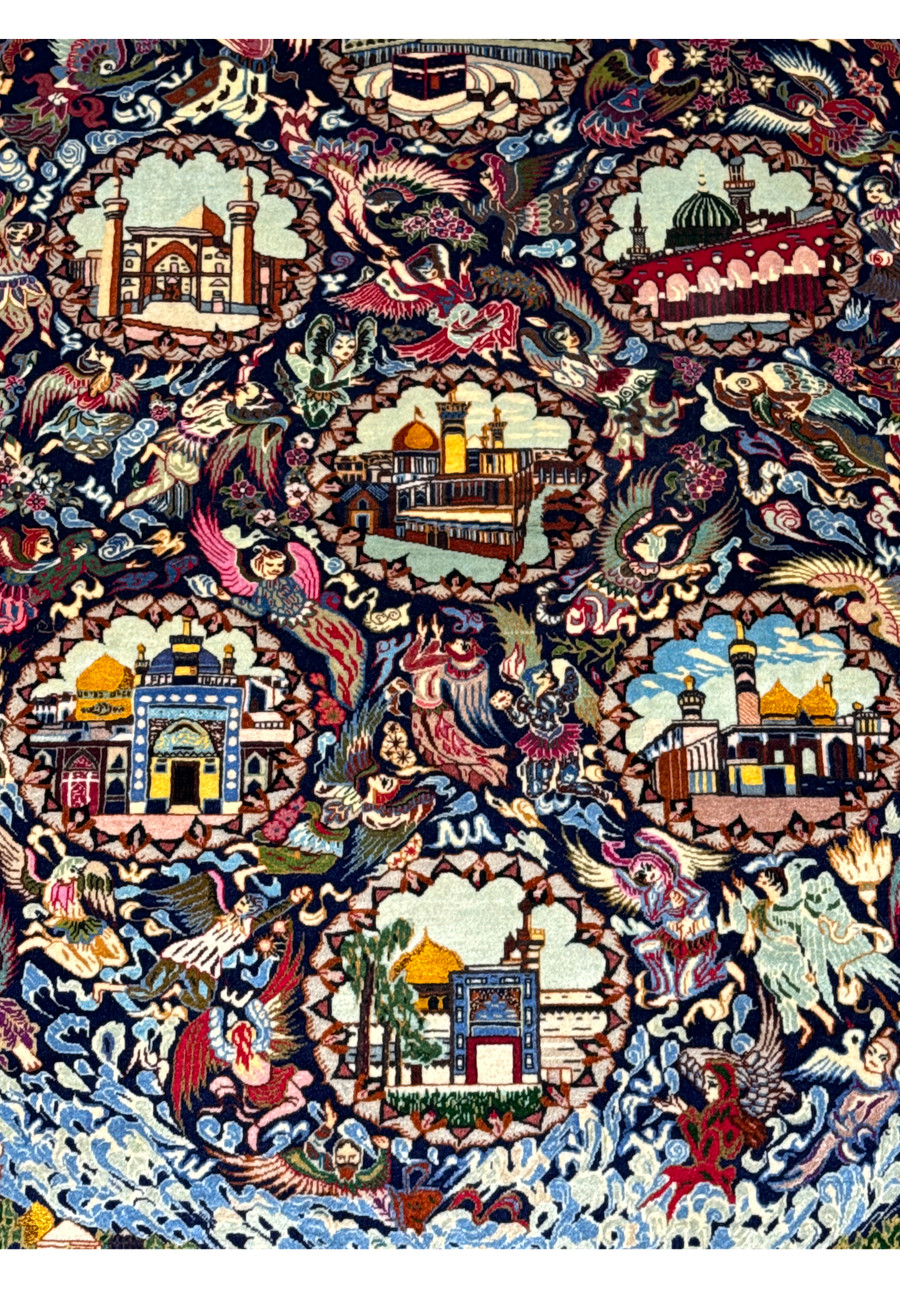 Close-up of a Persian Tabriz rug with detailed religious imagery woven in wool and silk