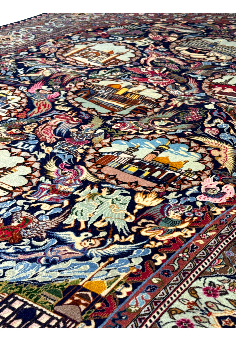 A vibrant mix of colors and patterns on a Persian Tabriz rug with silk highlight