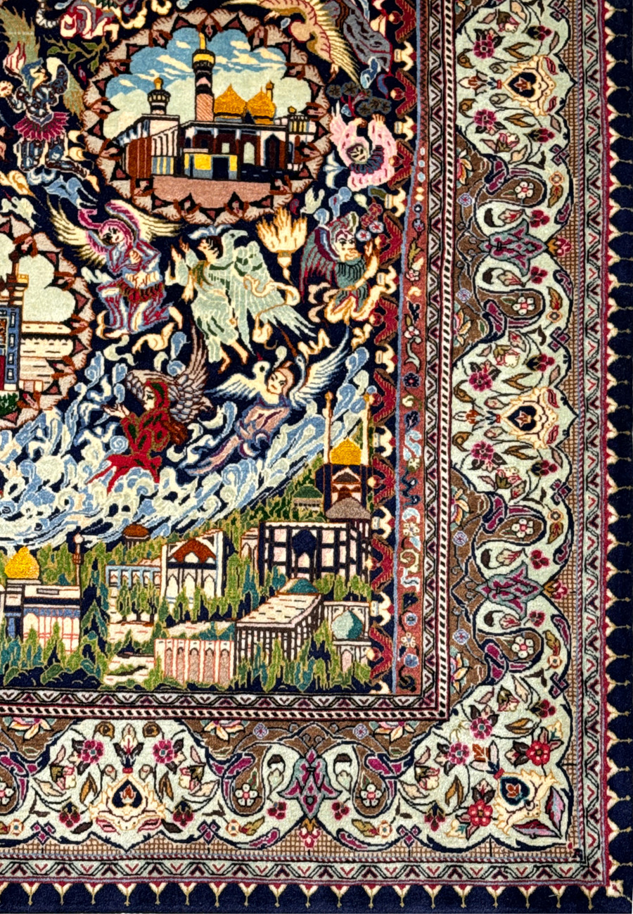 Lush garden and architectural elements on a Persian Tabriz rug, symbolizing paradise
