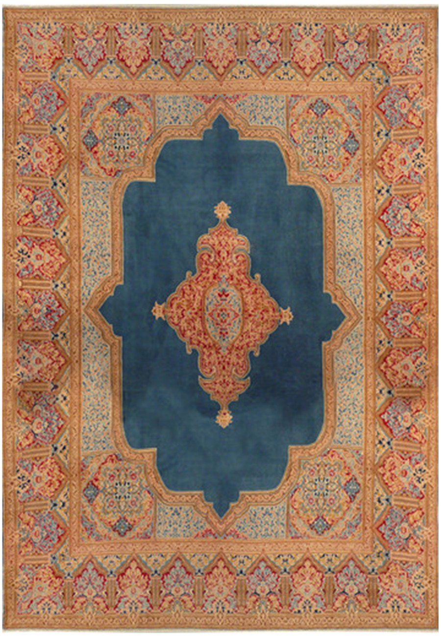 9 x 13 Persian Kerman Rug Royal Blue Corner Medallion