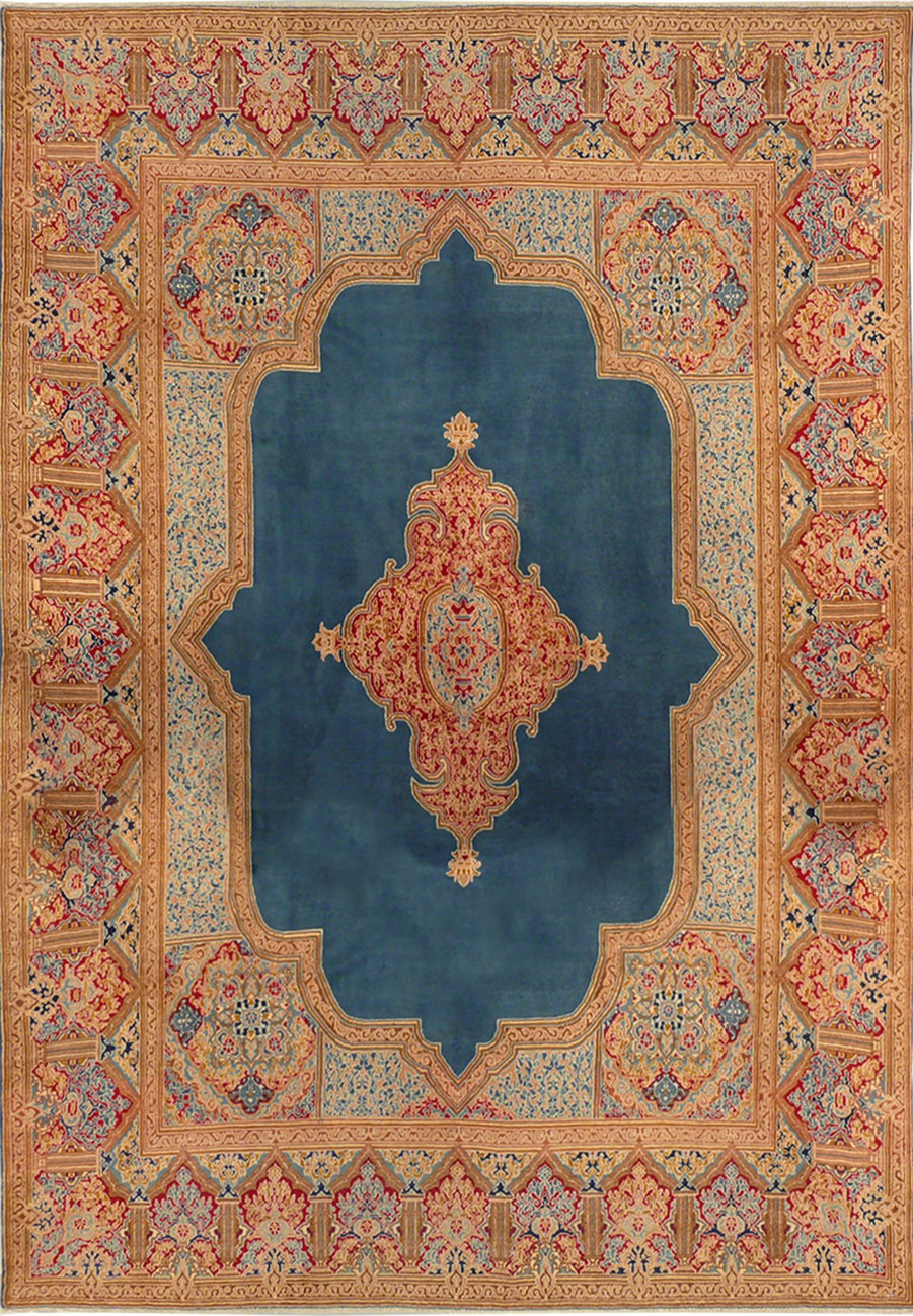 9 x 13 Persian Kerman Rug Royal Blue Corner Medallion