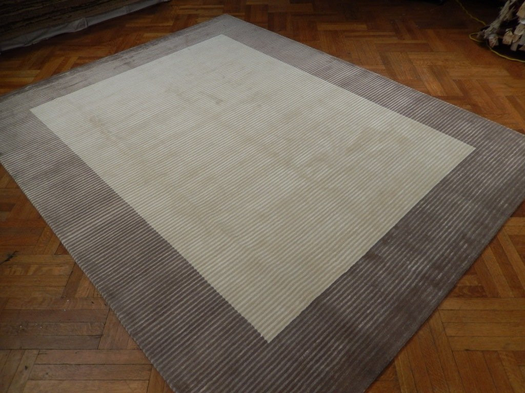8x10 Modern Cream Brown Striped Ivory Wool & Silk Handmade Rug