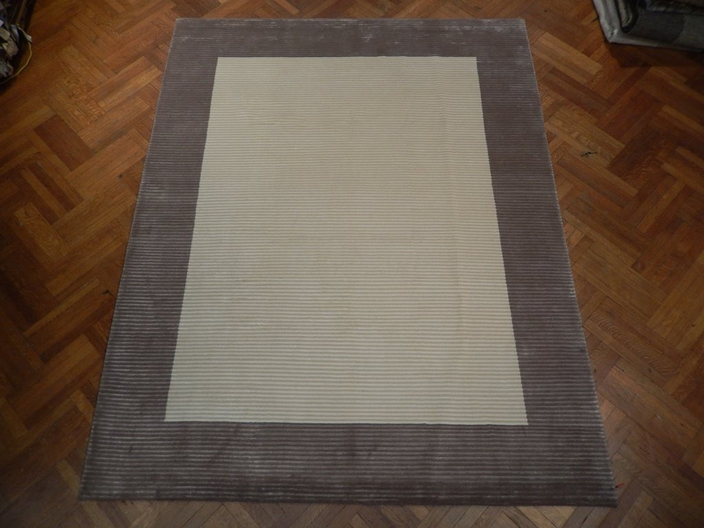8x10 Modern Cream Brown Striped Ivory Wool & Silk Handmade Rug