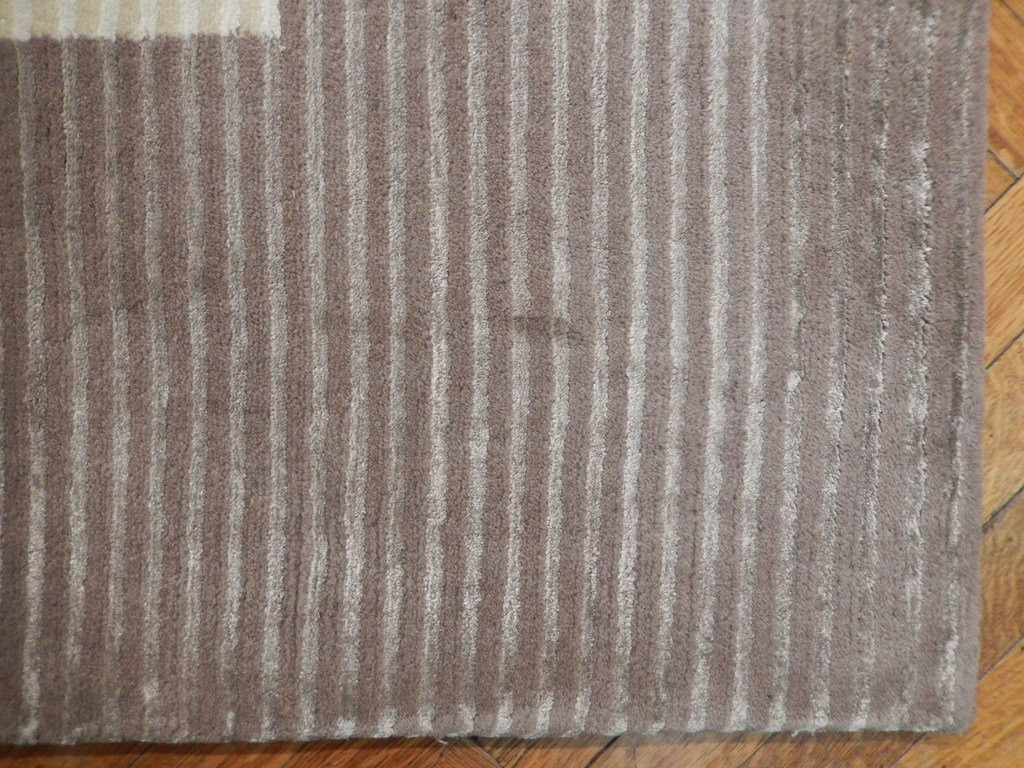 8x10 Modern Cream Brown Striped Ivory Wool & Silk Handmade Rug