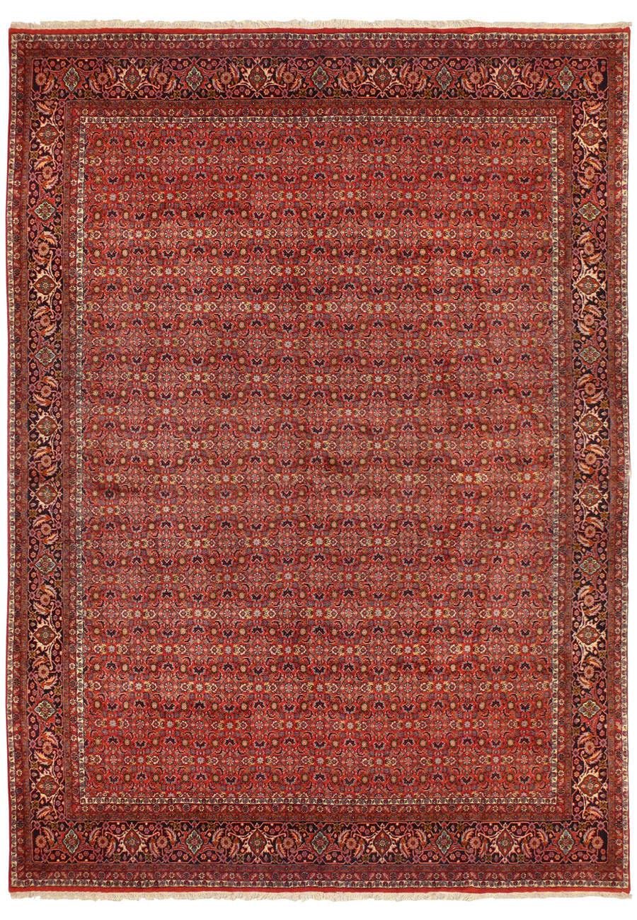 Allover design Persian Bijar on a rust red ground woven wool on wool