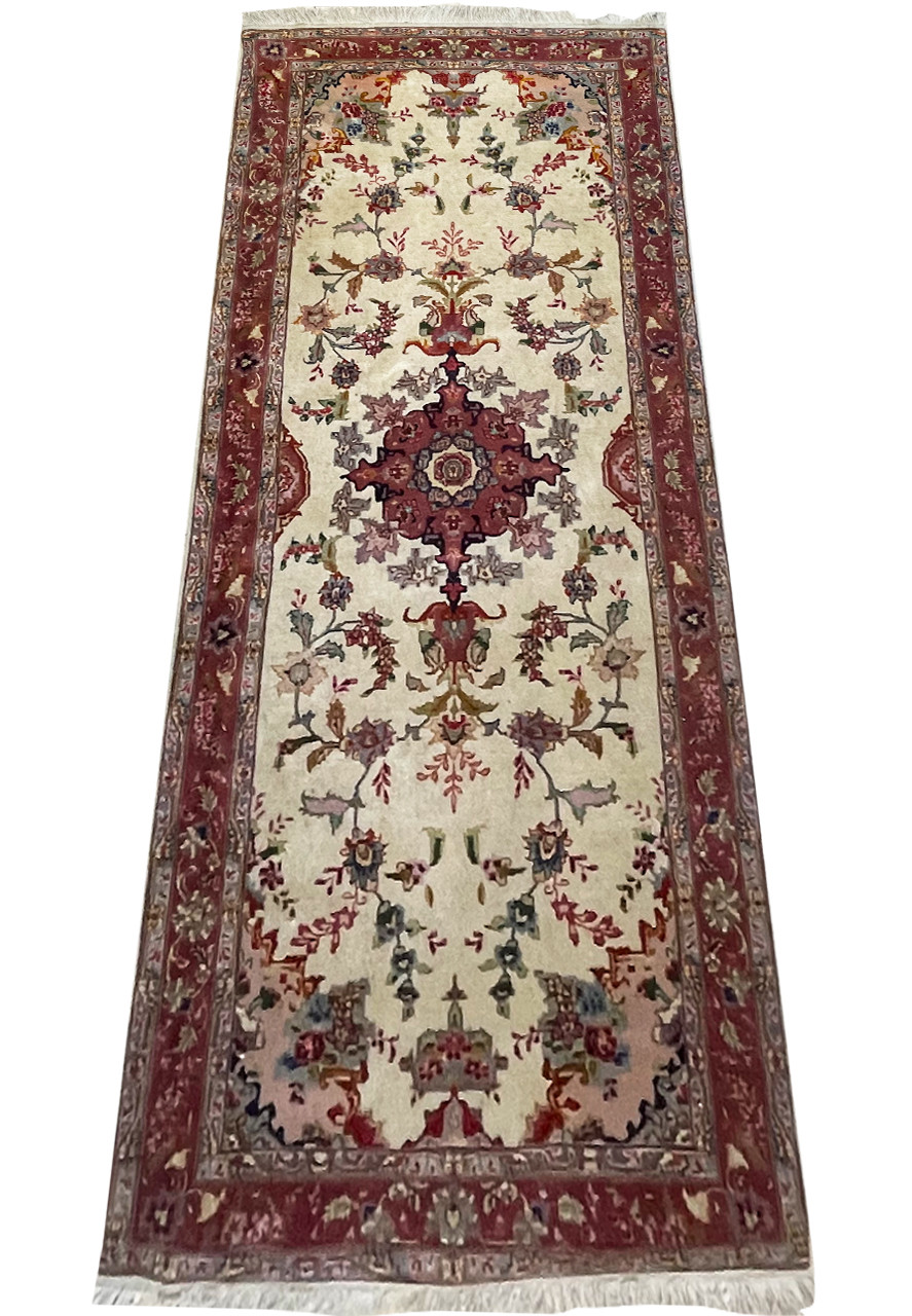 Persian Tabriz Runner Laid Out, Showcasing Ivory, Beige, and Rose Hues