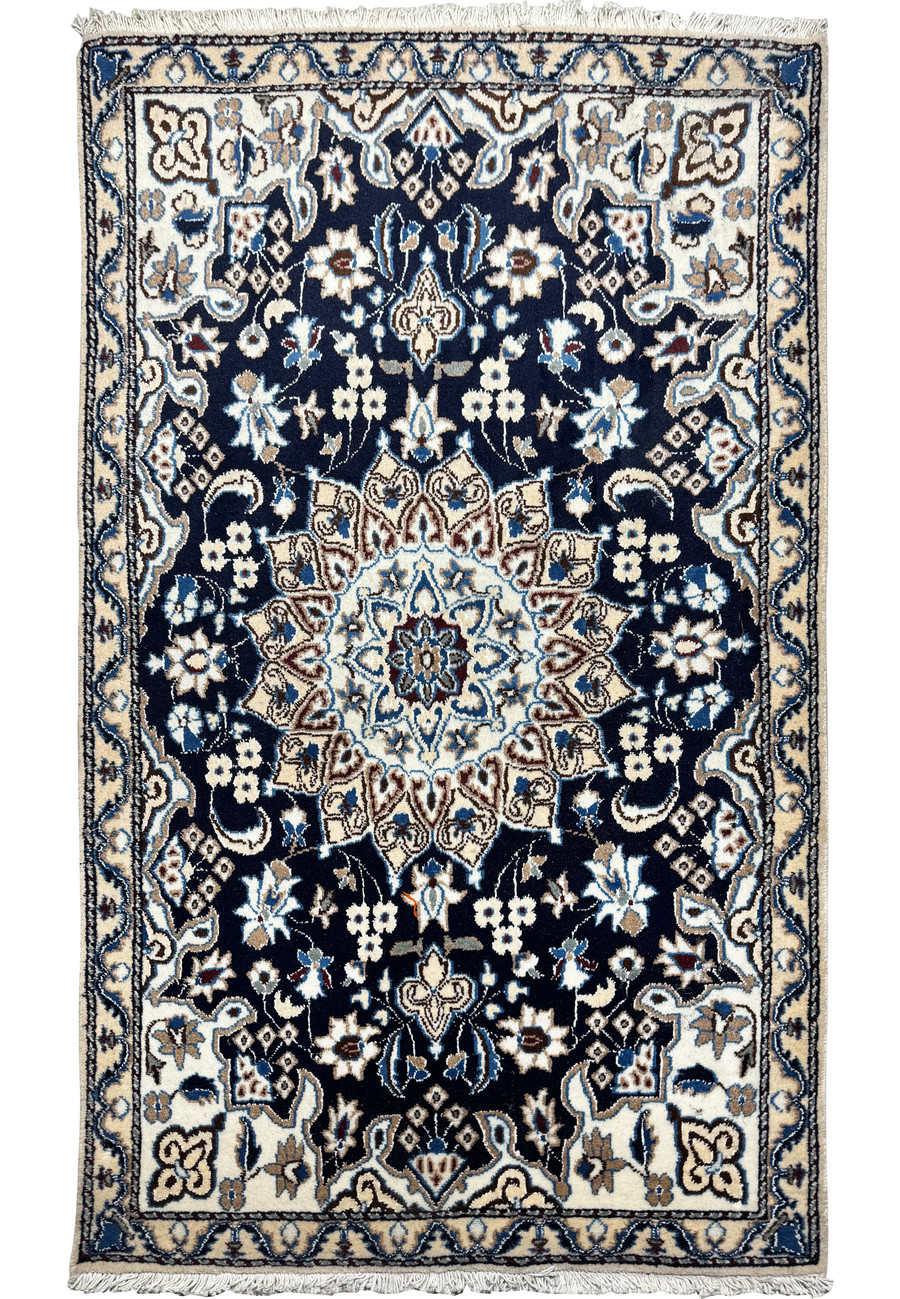 Hand-knotted Persian Nain rug with navy blue field and intricate floral medallion design in 3x5 size