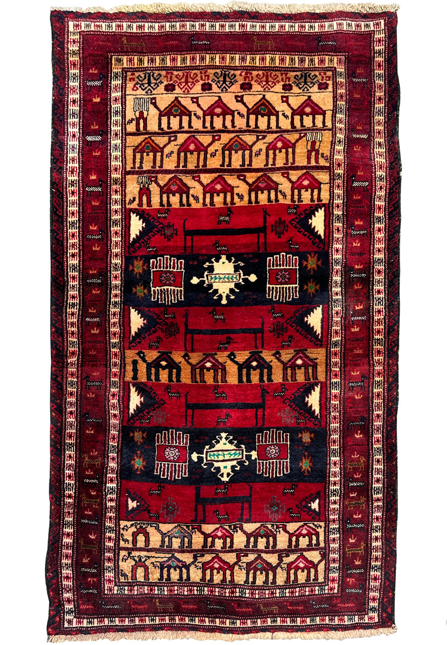 Full view of a 3x5 Persian Baluch Tribal rug with vibrant red background and traditional tribal patterns