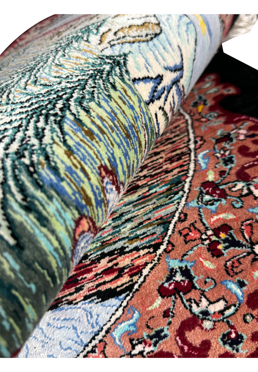 Close-up of the textured weave and vibrant colors of a Persian Qum silk rug, highlighting the river and swan details
