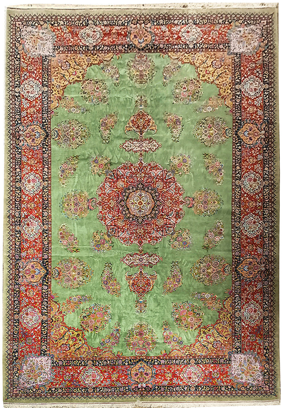 11 x 18 Persian Tabriz Rug sage green field medallion