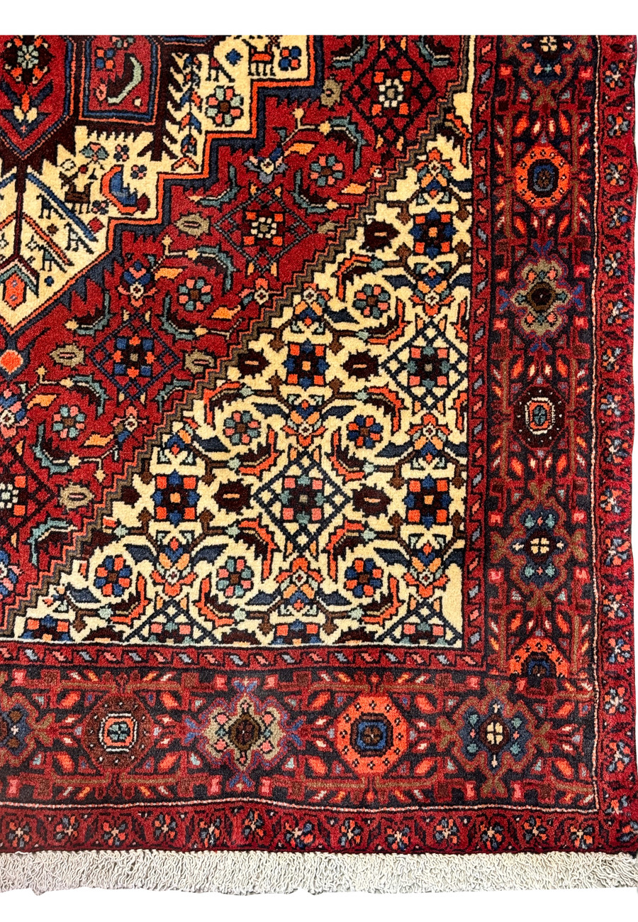 Corner detail of Persian Gholtogh rug with tassels and precise border pattern