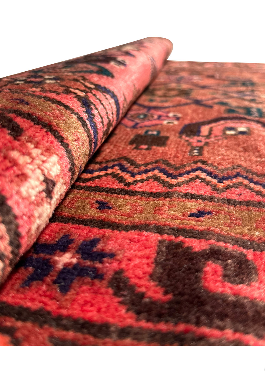 Elevated edge view of the Persian Baluch rug, emphasizing the detailed border patterns and fringe