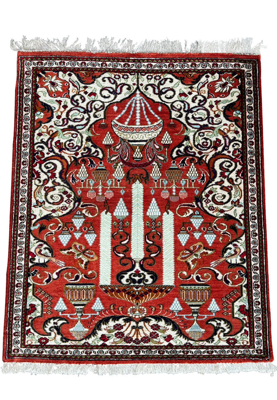 Over the top fill view of this persian qum pictorial rug, handmade with pure silk showcasing persian culture