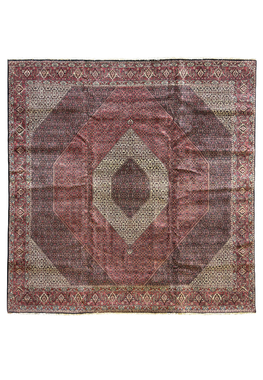 Crimson and indigo square Bijar with a diamond medallion and dense herati field