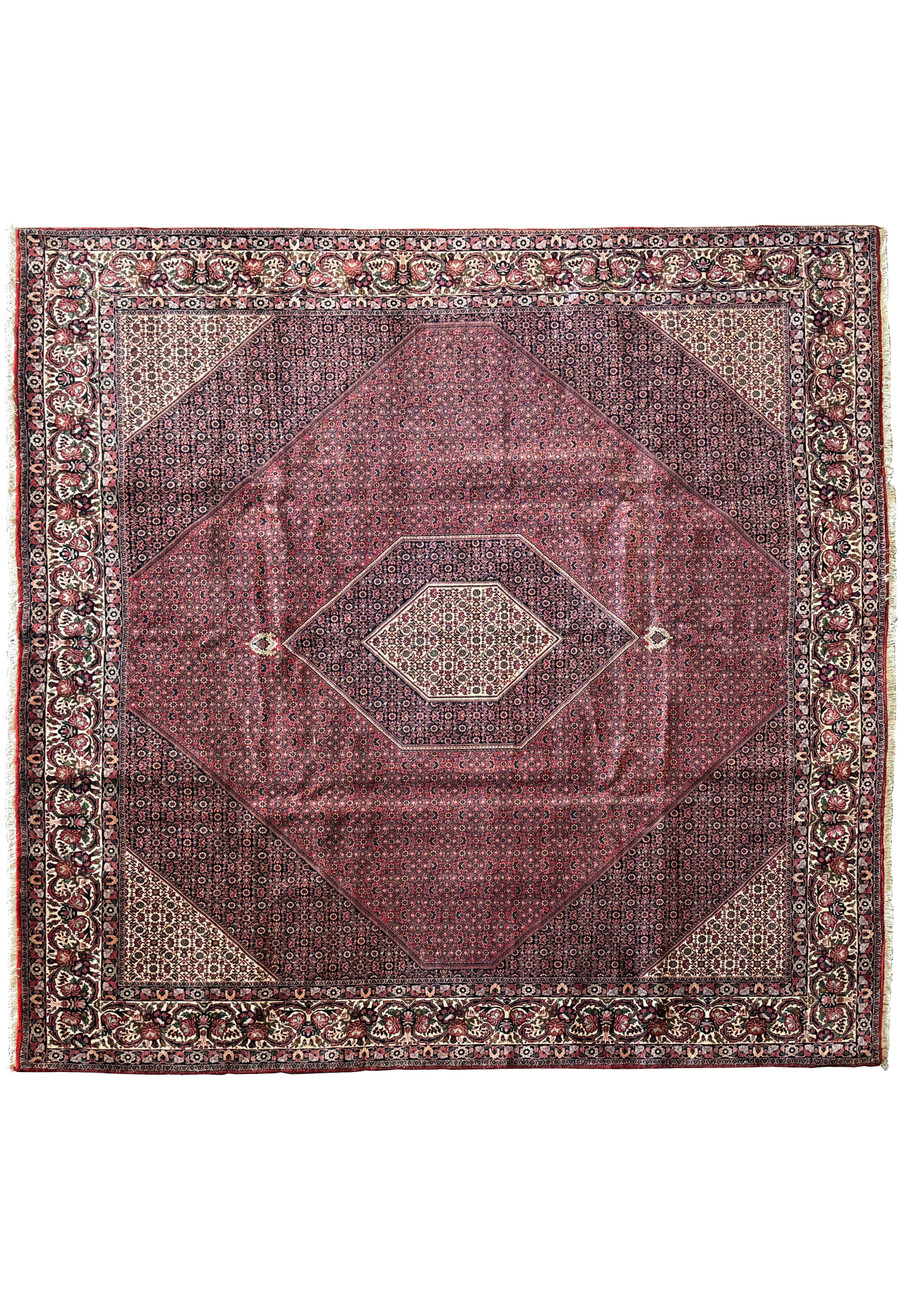Burgundy square Bijar with a central medallion and 4 diamond satellites on the field