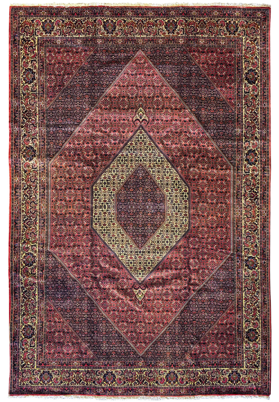 Overhead view of a 9'7" x 13'8" Persian Bijar Rug, displaying an intricate central medallion and a complex border with deep red and navy blue hues