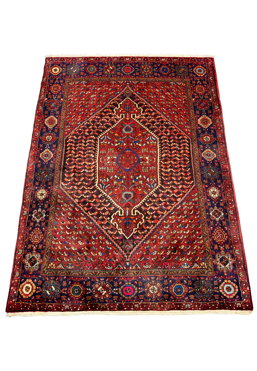 Full view of a Persian Gholtogh rug, displaying a complex design with a red central medallion, surrounded by dark blue borders featuring detailed floral and geometric motifs in multicolors