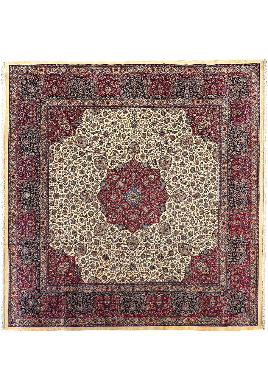 Top-down view of an exquisite, pre-revolution 20x20 Persian Square rug, featuring intricate floral motifs and a grand central medallion, in rich hues of red, blue, ivory, and gold, with an elaborate border showcasing traditional Persian designs