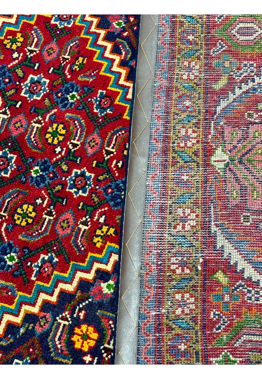 Detailed view showing both the front and back of a Persian Mahal Rug. The left side displays the intricate floral and geometric patterns in vibrant reds, blues, and golds, highlighting the rug's fine craftsmanship and rich colors. The right side reveals the back of the rug, showcasing the precise hand-knotting and high-quality weave that ensure durability and longevity. This comparison emphasizes the rug's superior construction and the meticulous attention to detail that makes it a luxurious addition to any home decor.
