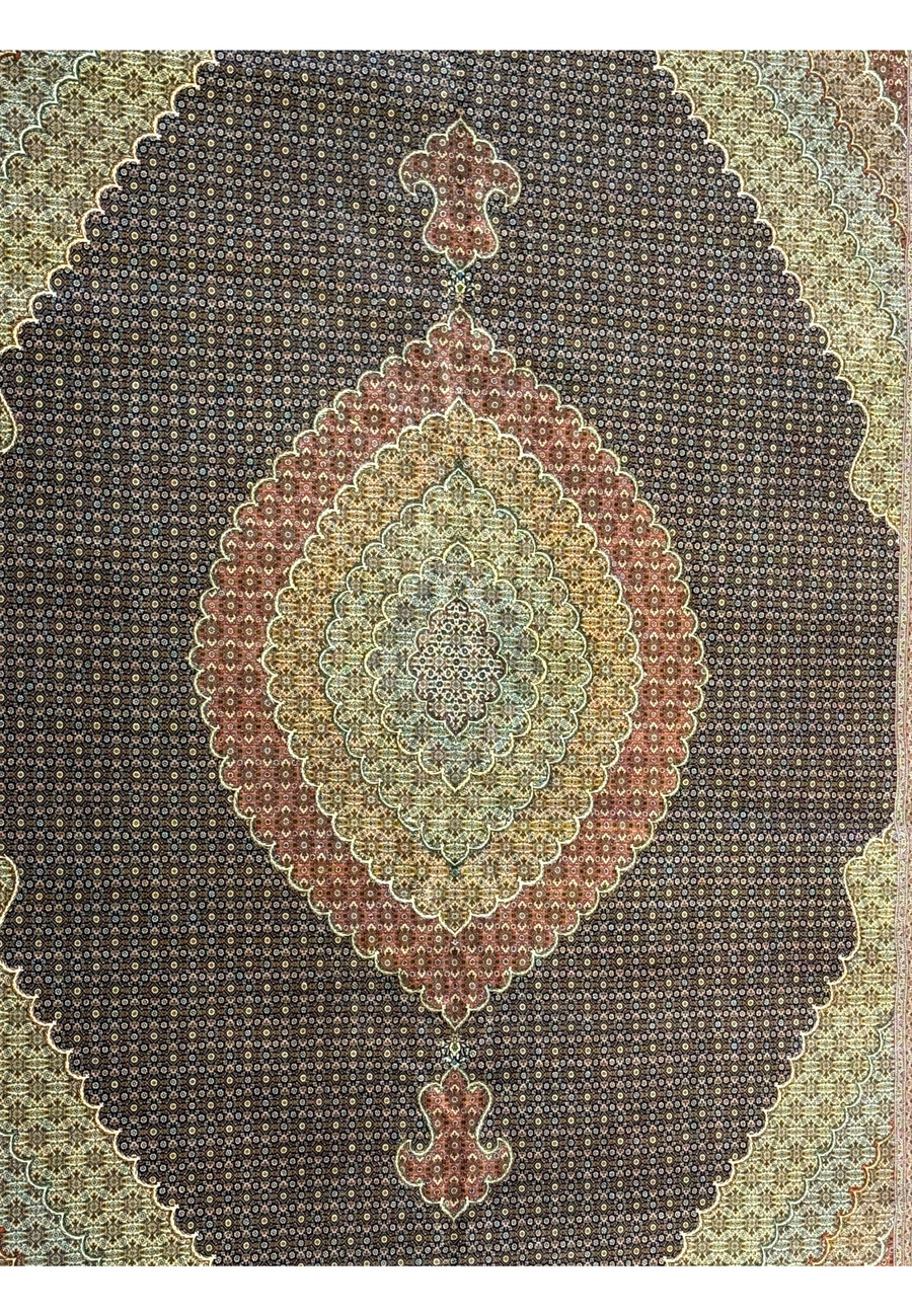 Close-up of the intricate motifs on a 11'7 x 16'6 Persian Tabriz Mahi rug, featuring a blend of wool and silk