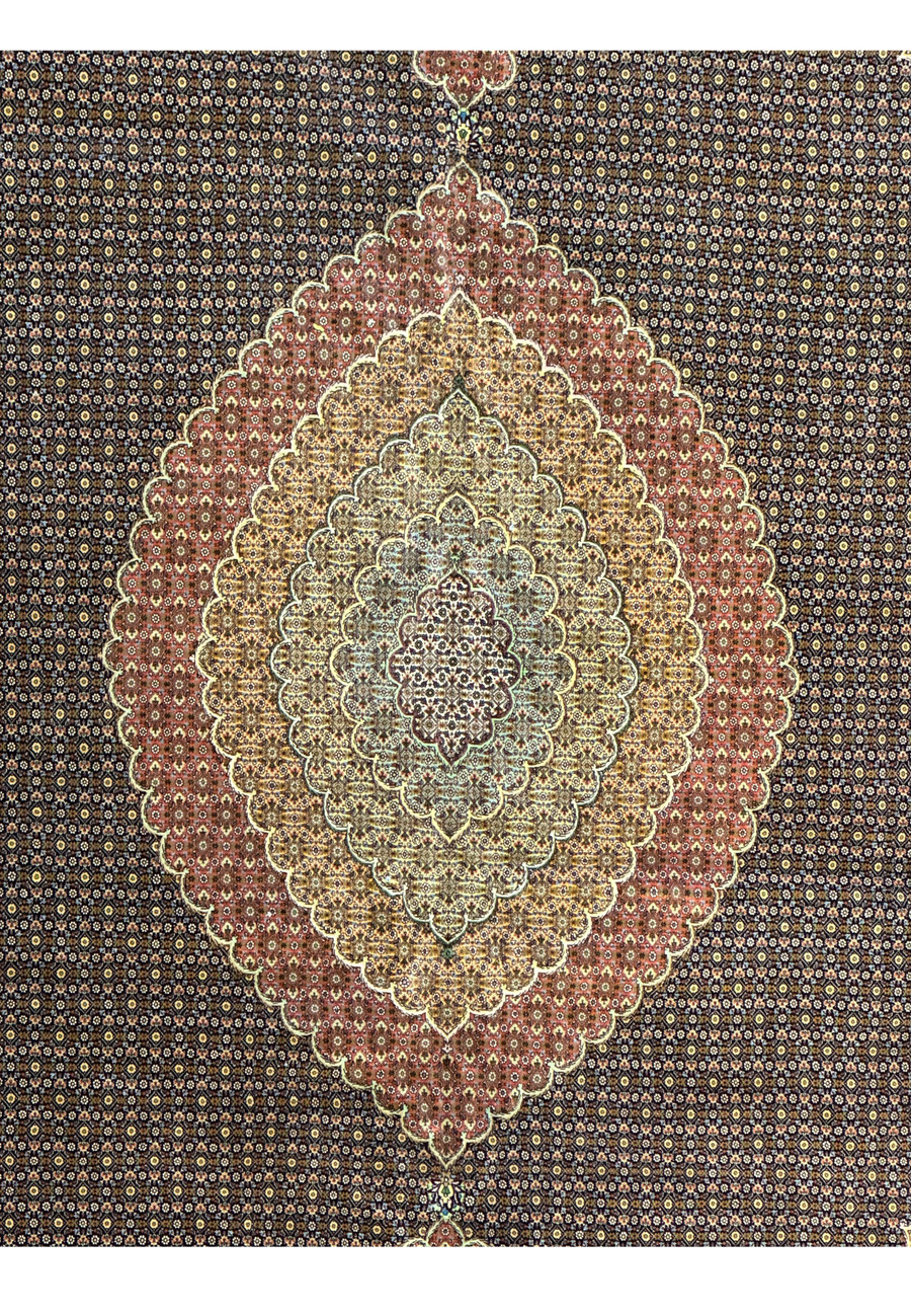Central field of a 11'7 x 16'6 Persian Tabriz Mahi rug, showing the fine craftsmanship and detailed design